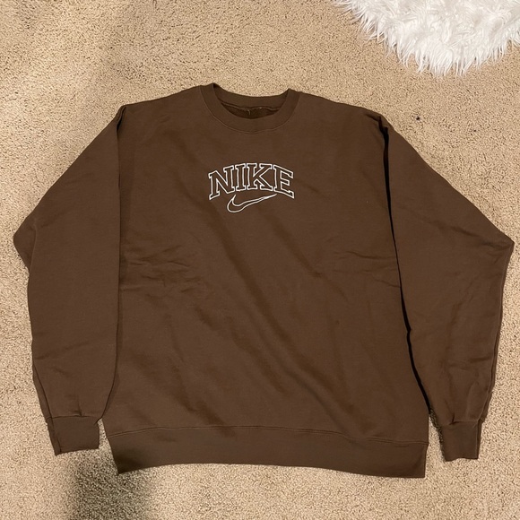 Tops | Brown Embroidered Nike Crewneck | Poshmark